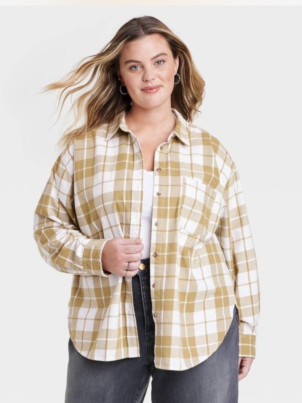 Universal Thread Green and White Plaid Button-Down Flannel